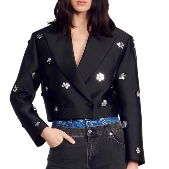 Flowers Double Breasted Cropped Embellished Jacket - Picture 1 of 5